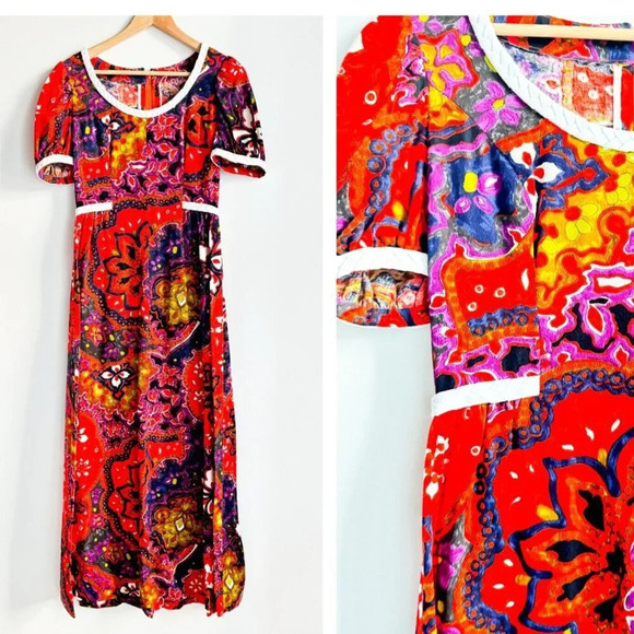 Vintage Colourful Paisley Print THC Hawaiian Textiles Barkcloth Maxi Dress S/M - Picture 1 of 11